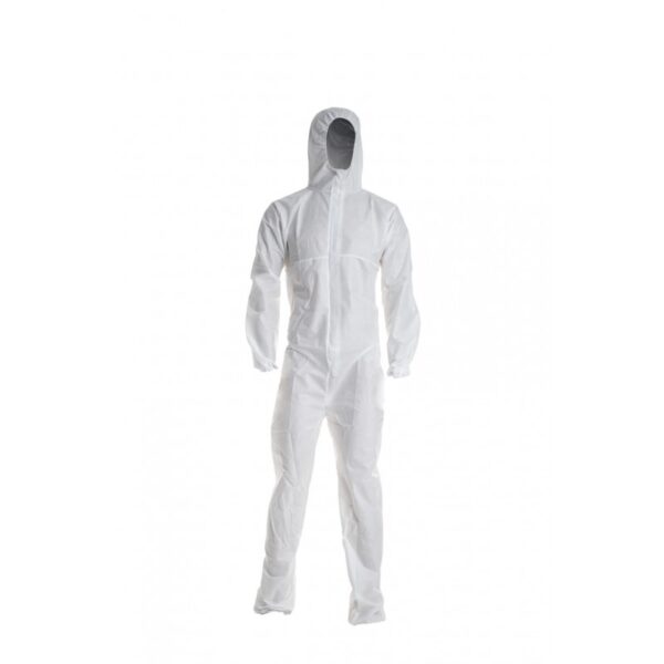 Mono blanco polipropileno desechable con capucha